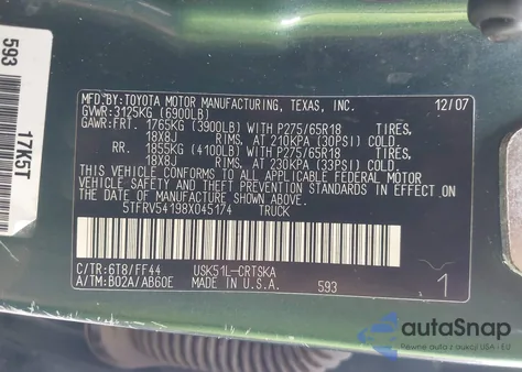 2008 Toyota Tundra Sr5 5.7L V8 z USA, uszkodzony, nr VIN 5TFRV54198X045174